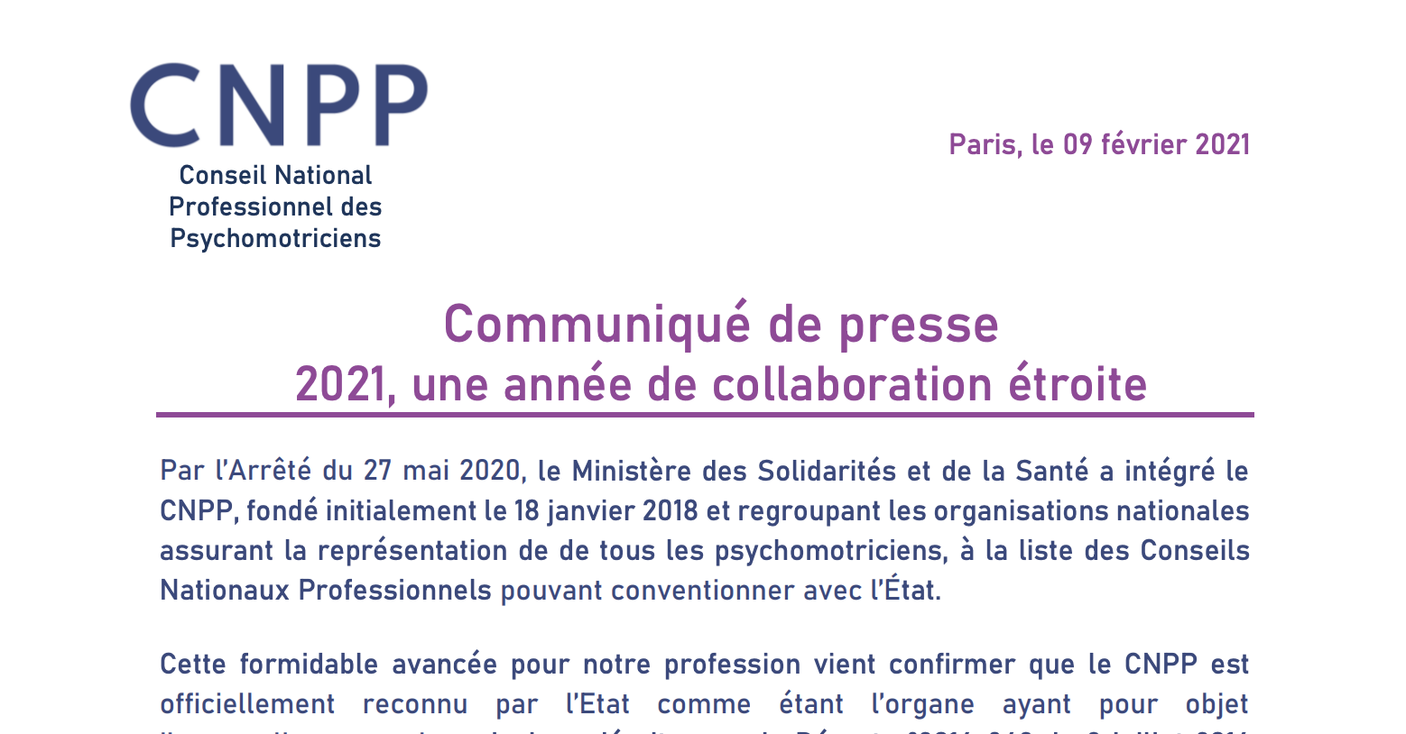 [9 février 2021] – Communiqué de presse